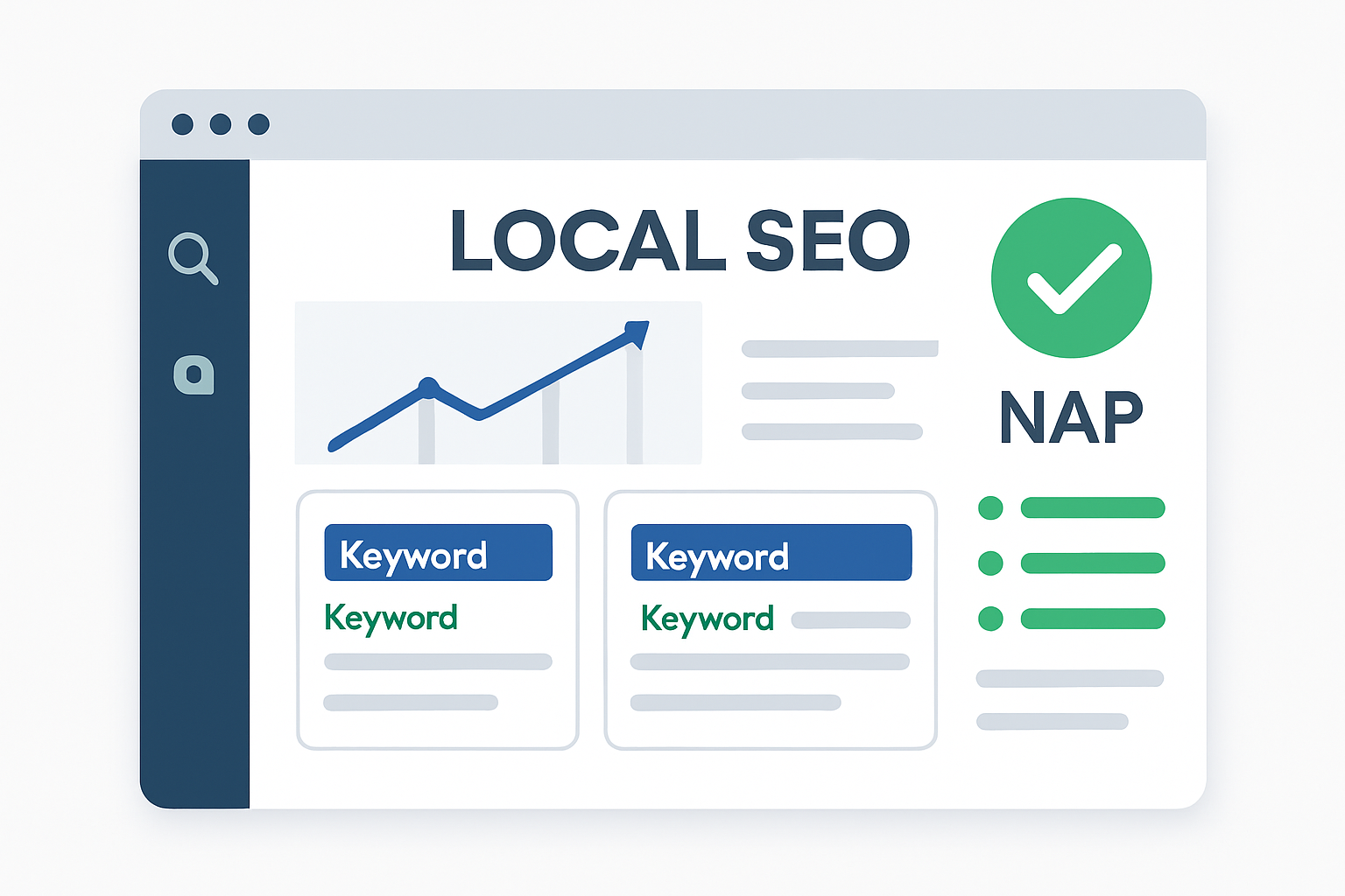 A website dashboard illustrating key on-page SEO elements optimized for local search including titles, meta descriptions, and NAP consistency.