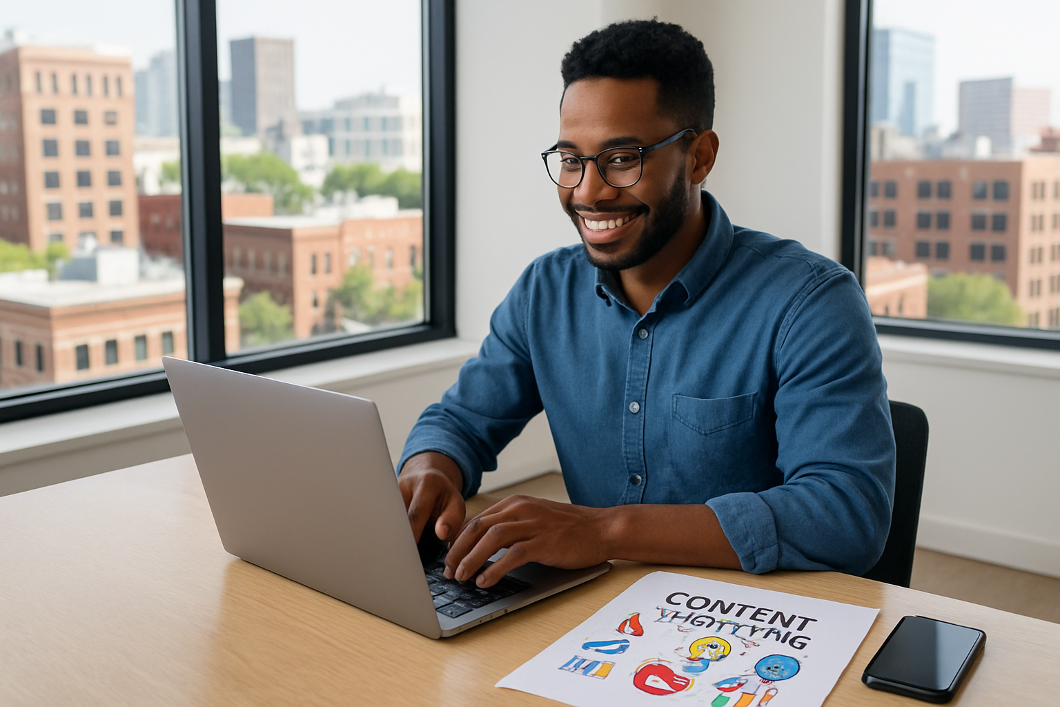 A small business owner developing local content marketing materials with a city backdrop highlighting community engagement.