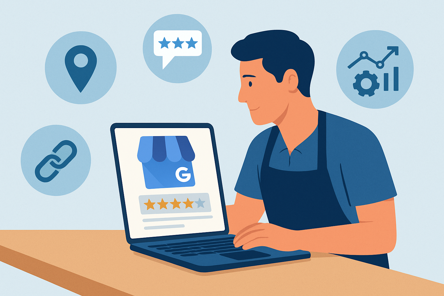 A business owner managing various aspects of local SEO including GMB, citations, reviews, and backlinks, illustrating a comprehensive local SEO strategy