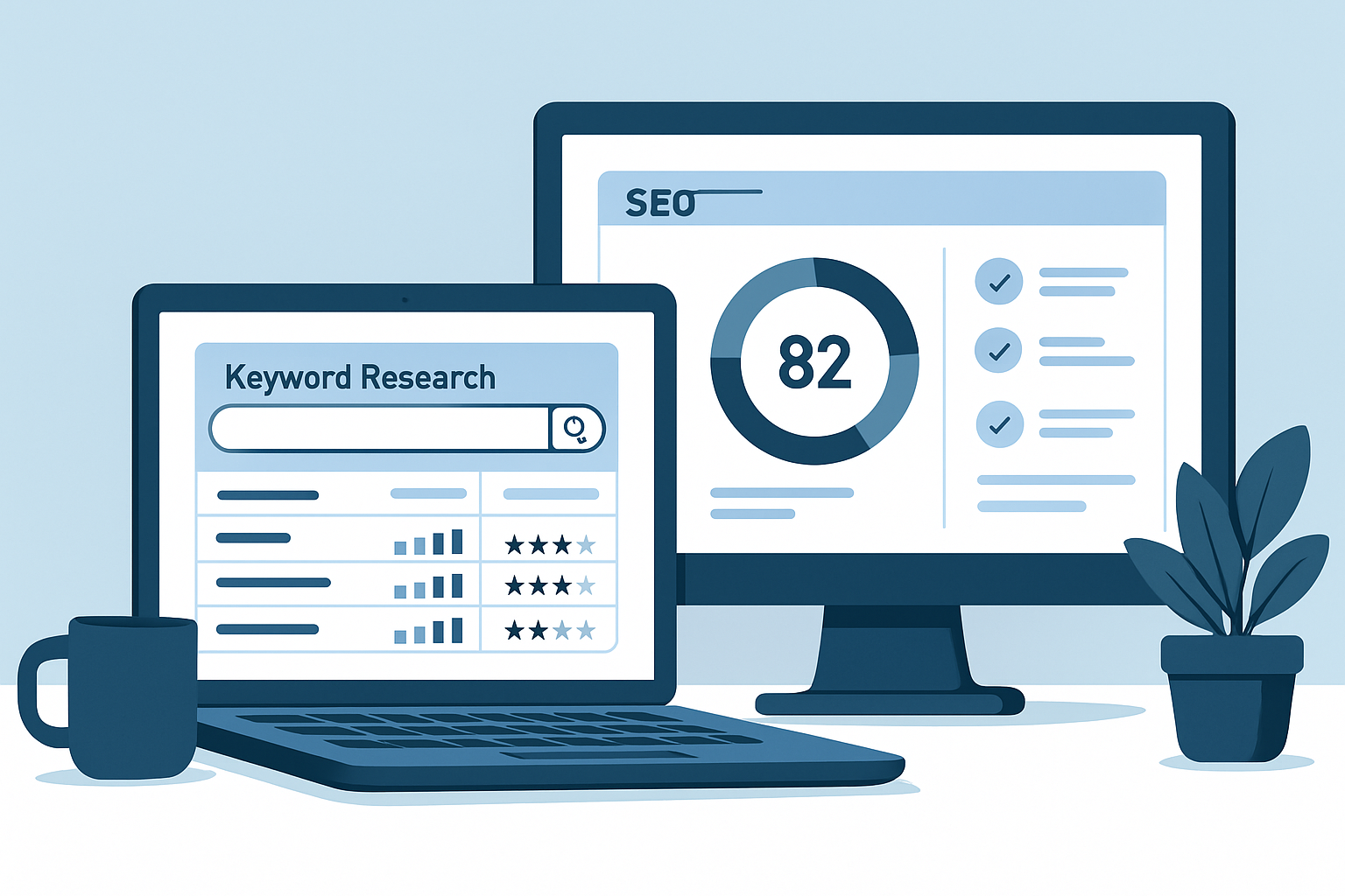 Dashboard view of Moz and Semrush SEO tools displaying keyword data and site audit findings