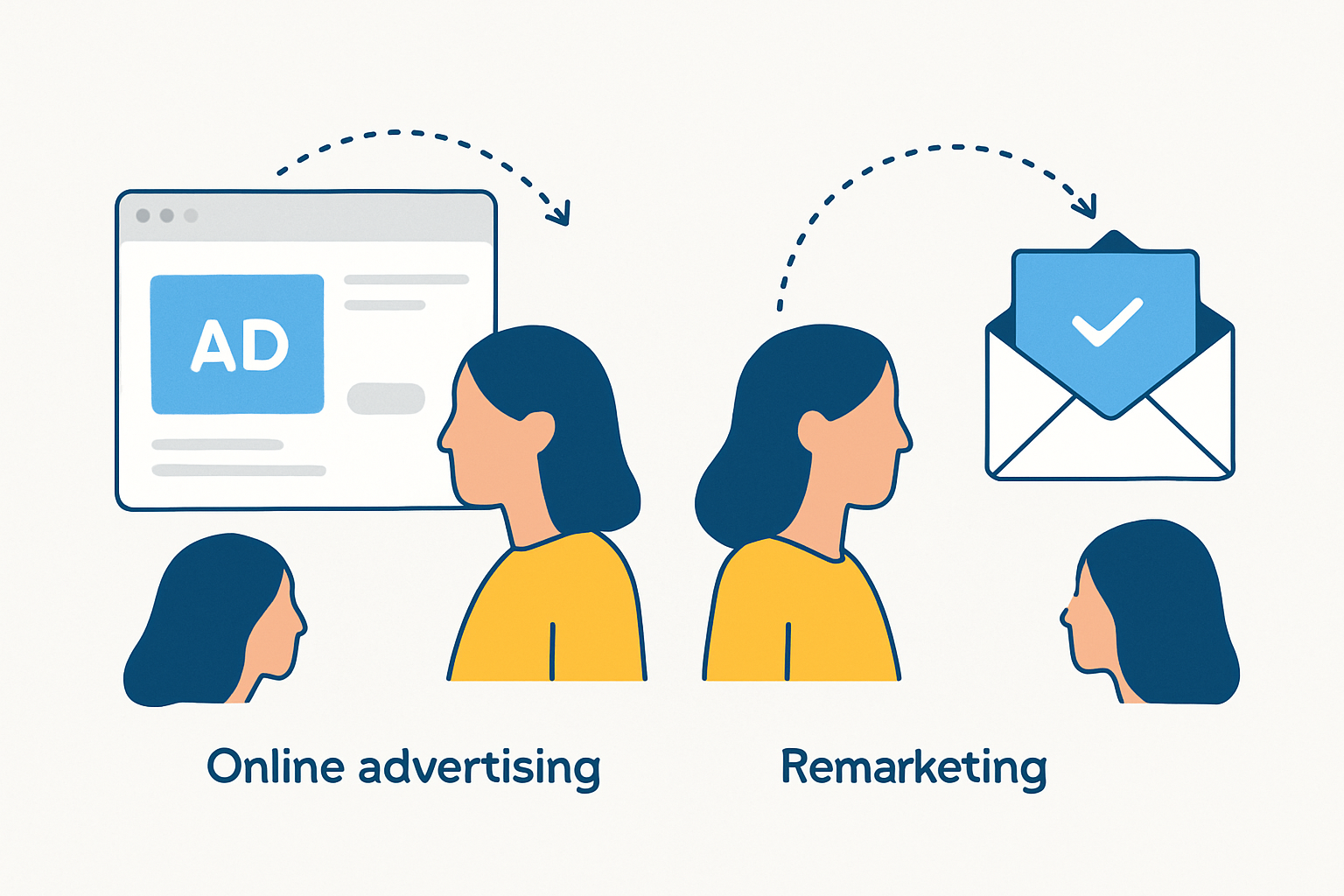 Visual comparison of retargeting through display ads and remarketing through email communications.