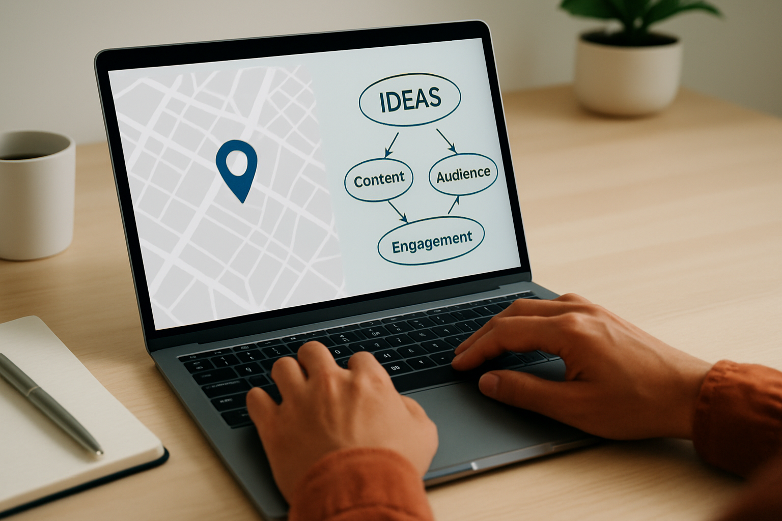 Illustration of a marketer crafting localized content strategies for improved local search engagement.