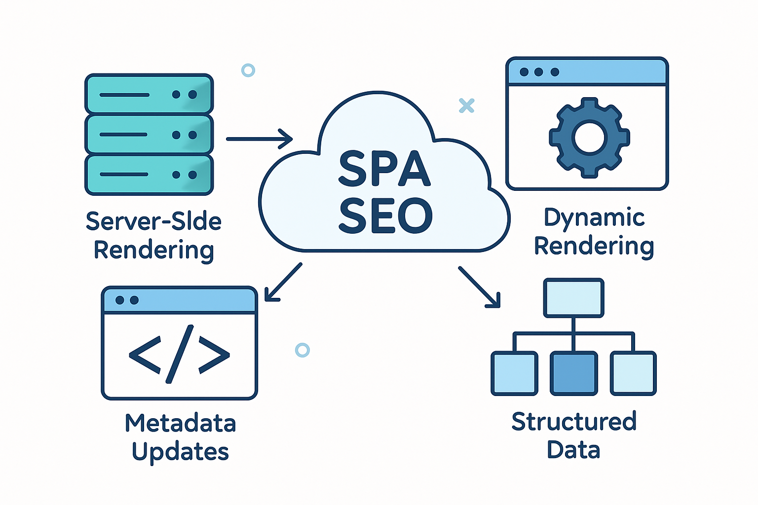 Diagram showing SPA SEO architecture including SSR, dynamic rendering, metadata updates, and structured data integration