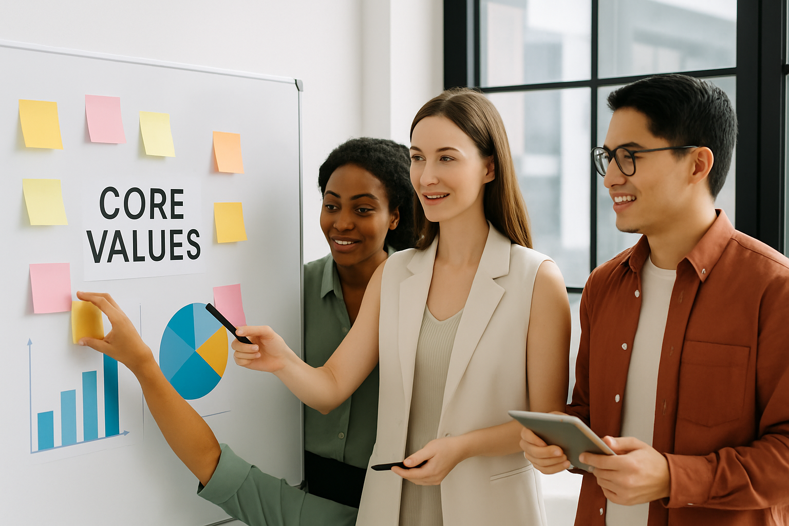 A diverse team engaged in a workshop to identify and define their organization