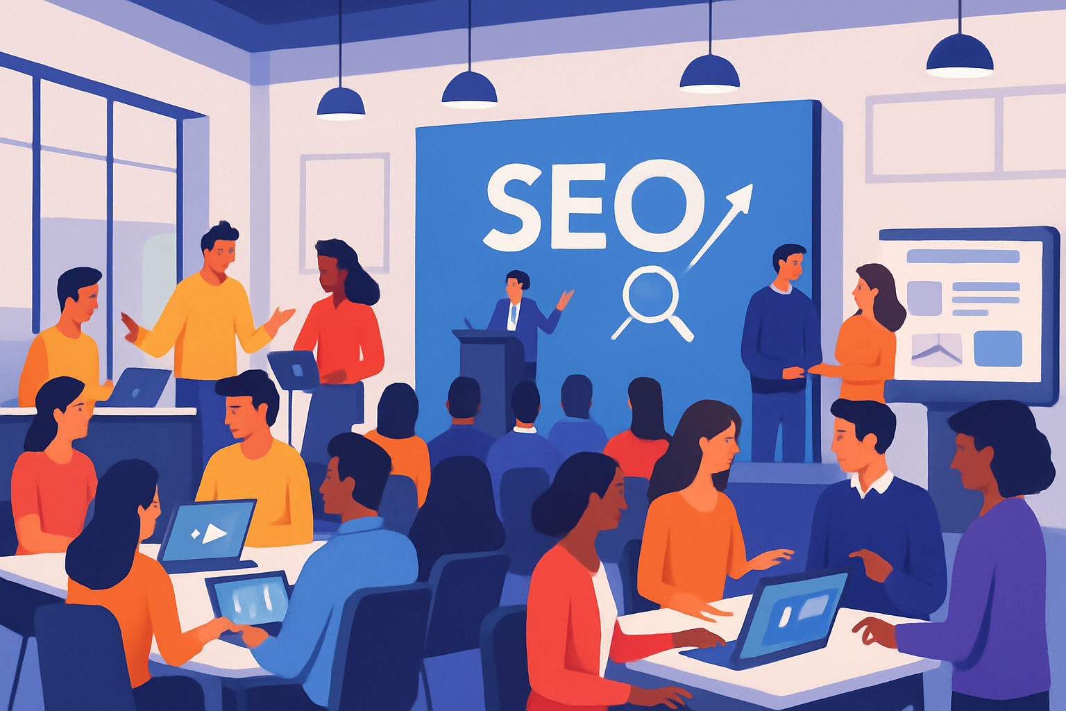 Industry professionals collaborating and learning at a major SEO event, highlighting the energy and innovation of SEO conferences.