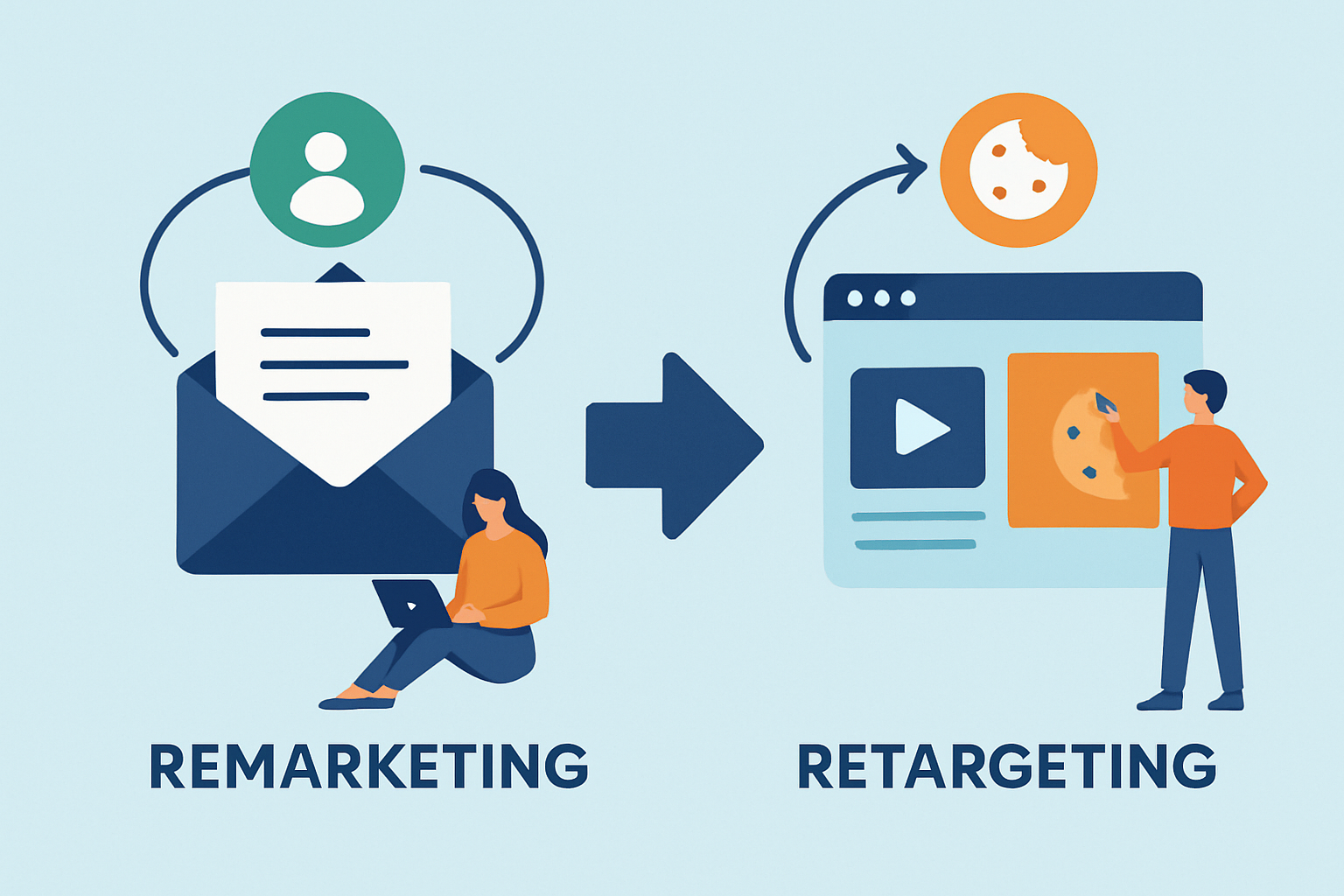 Visual infographic illustrating remarketing vs retargeting workflows and applications