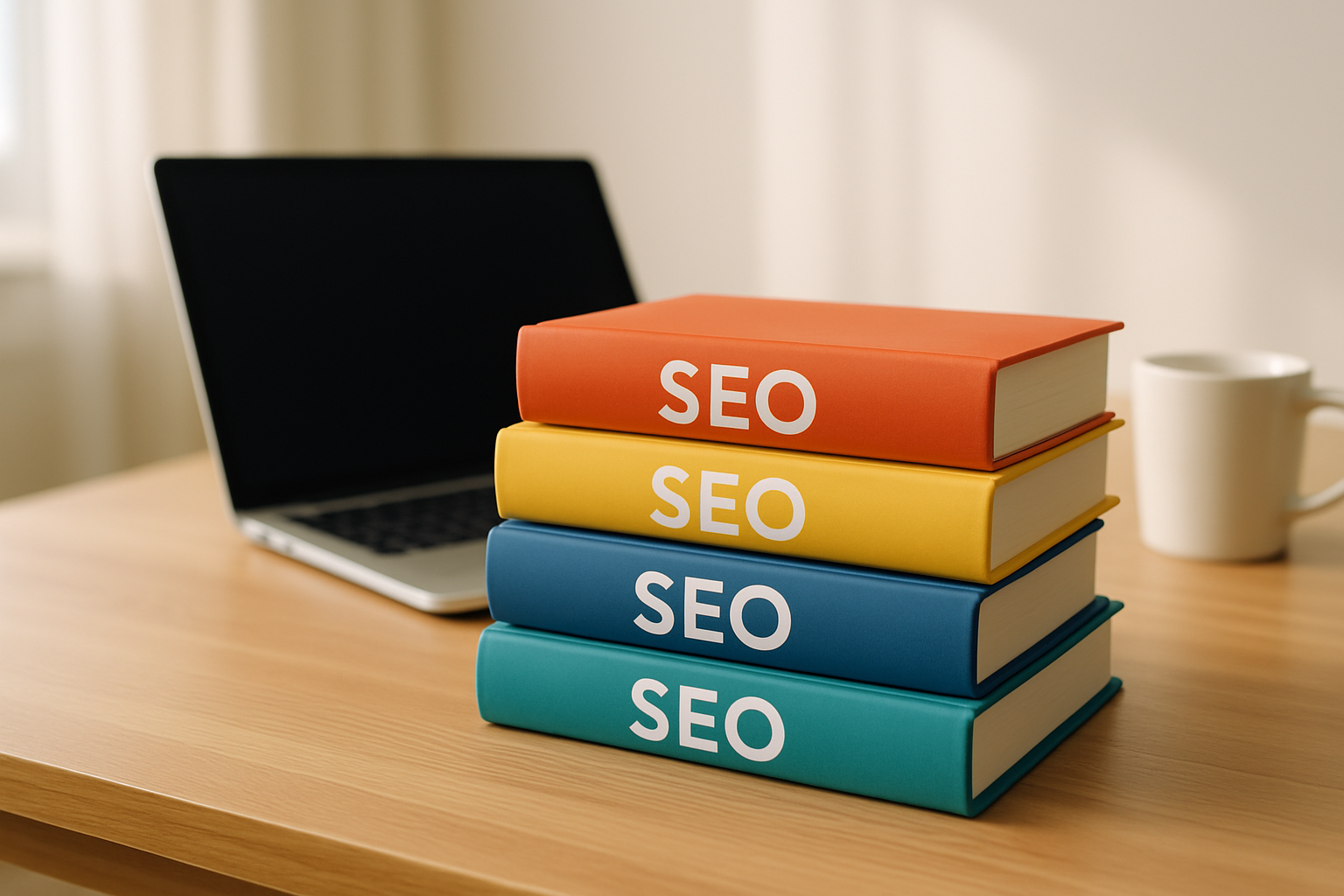 A selection of top SEO books for beginners and professionals displayed with complementary workspace items like a laptop and coffee.