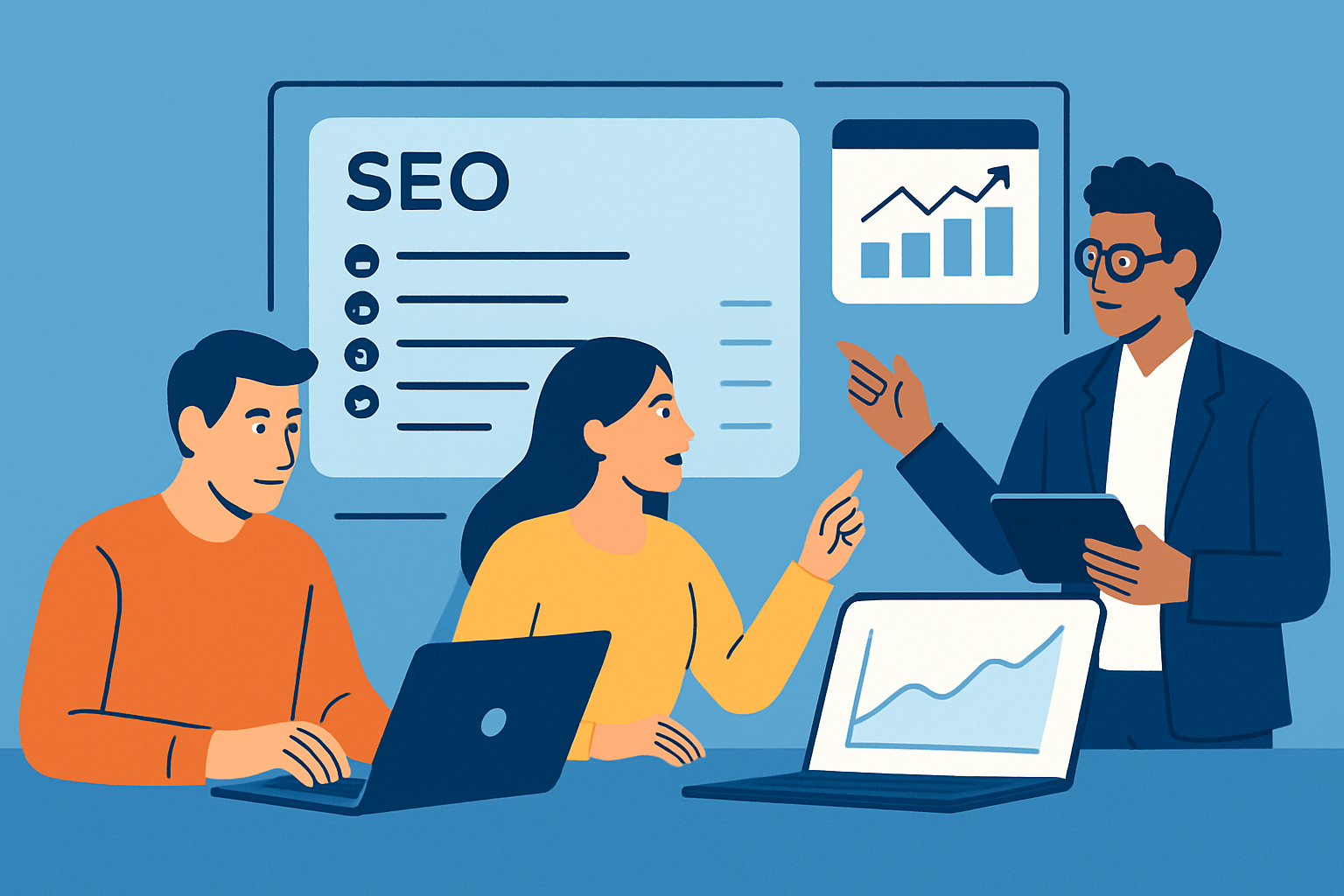 SEO team reviewing project progress and keyword rankings on a collaborative dashboard
