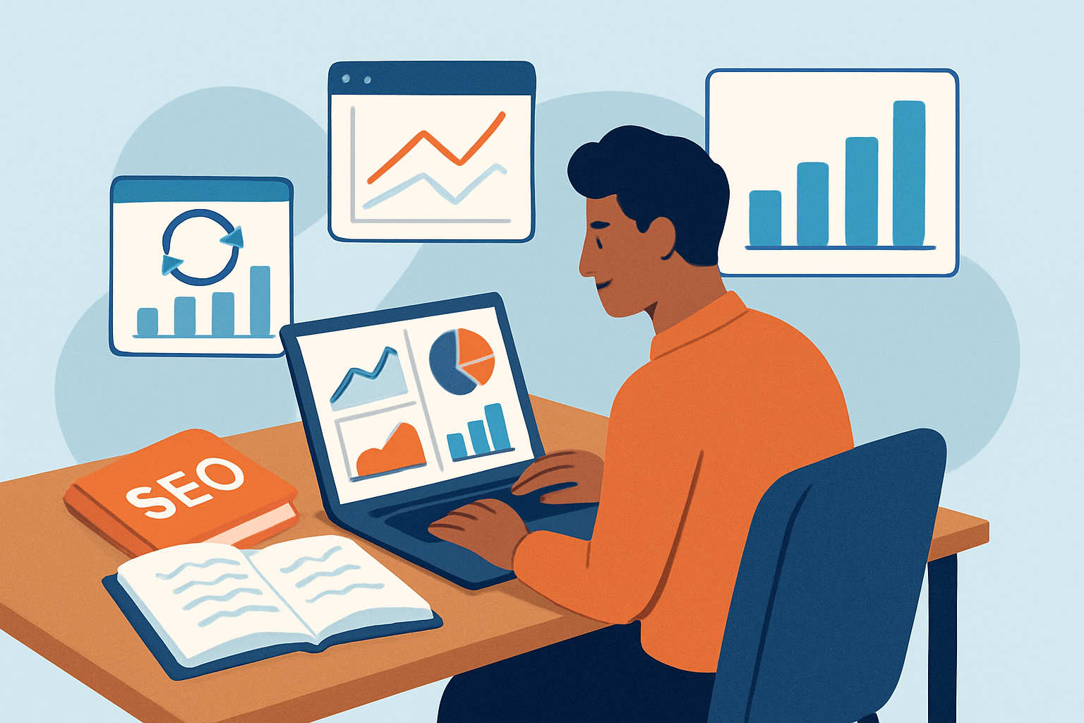 Illustration of a marketer consulting various SEO books and planning strategy