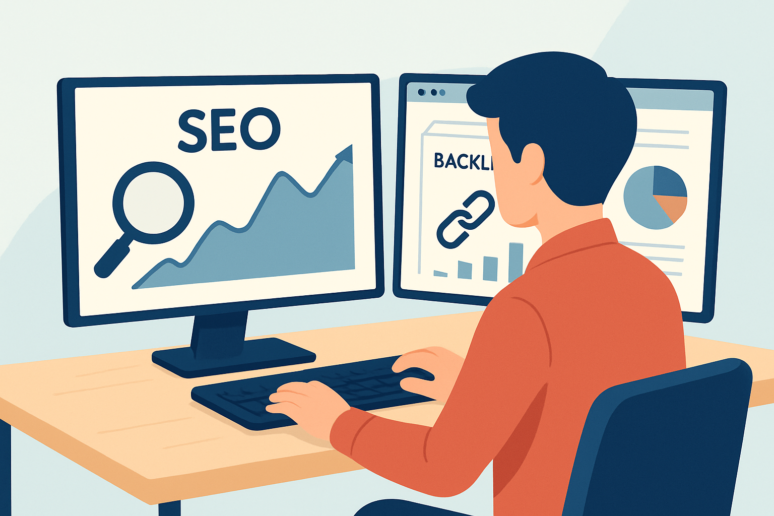 Illustration of an SEO analyst using backlink audit tools to identify bad links.