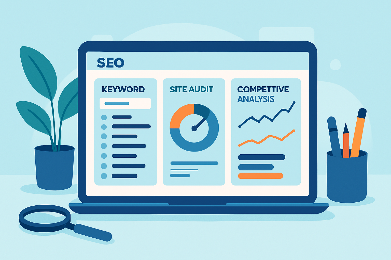 A comprehensive SEO project dashboard in Semrush displaying keyword rankings, site audits, and competitor insights.