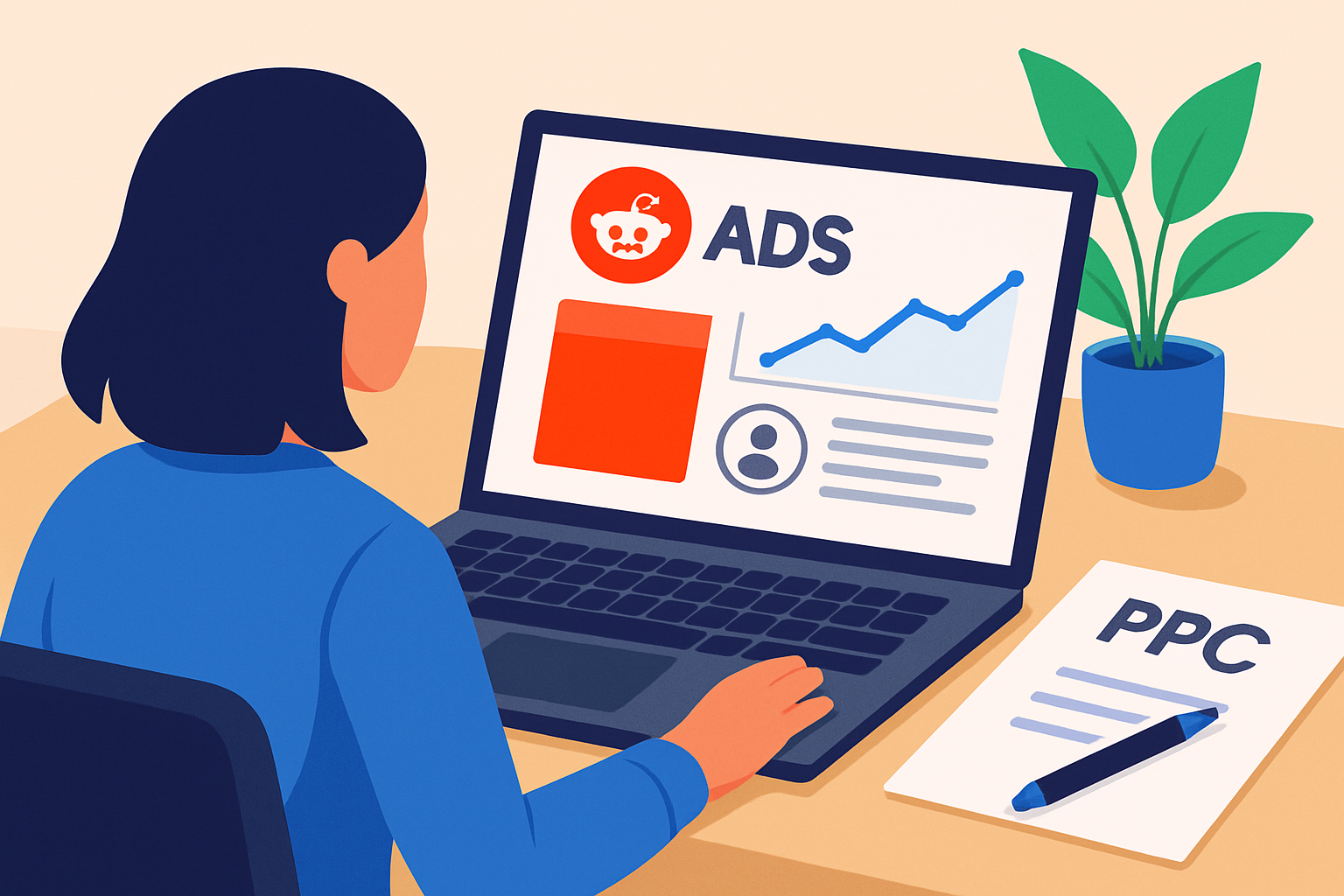 Marketer setting up a Reddit PPC campaign with audience targeting and bid settings visible on screen