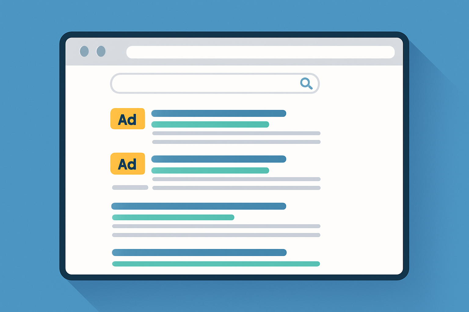 Visual example of a Google Search Results Page showing both paid ads at the top labeled 
