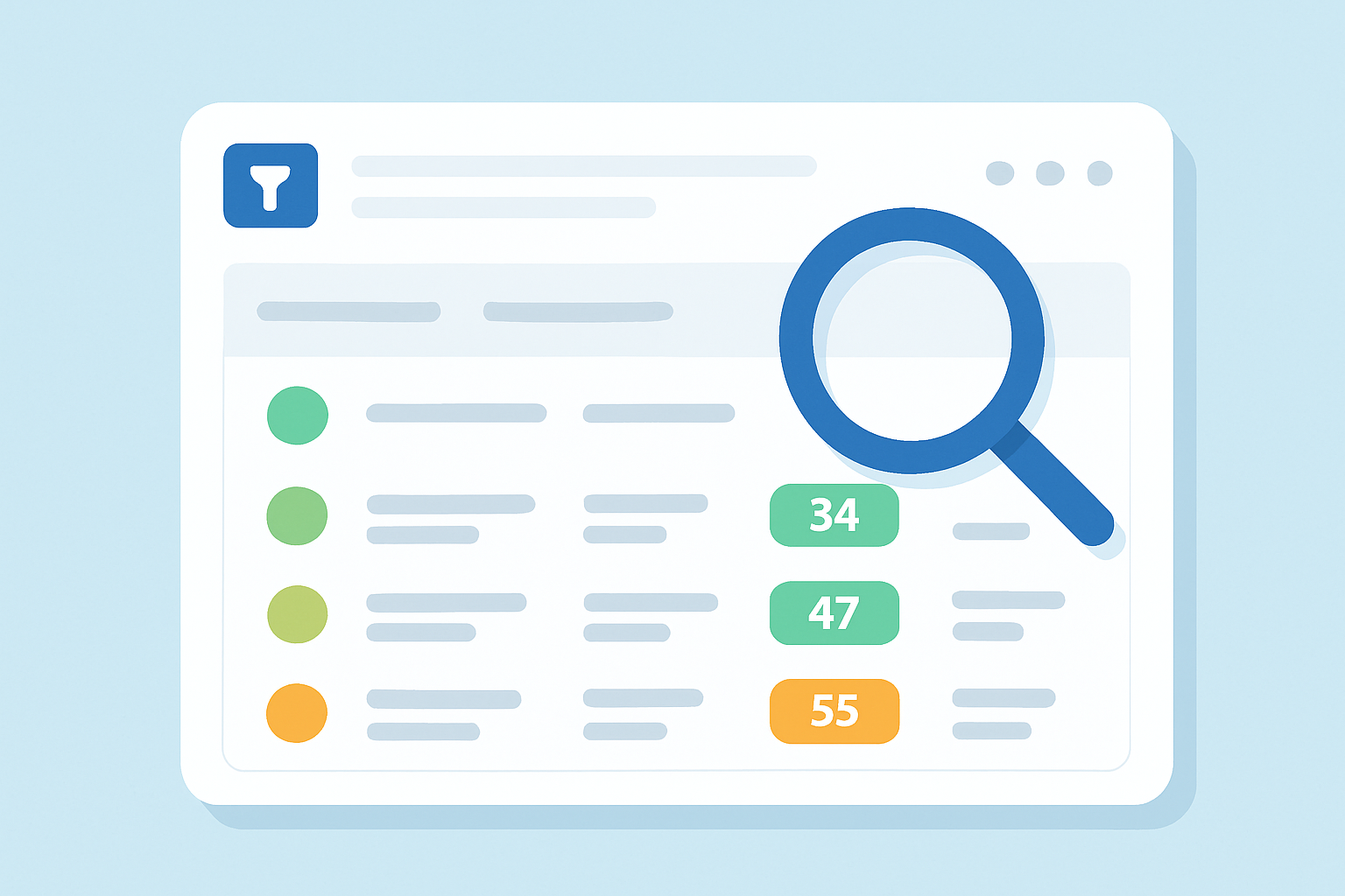 Screenshot example of a keyword research tool showing keyword difficulty and volume data with filters applied