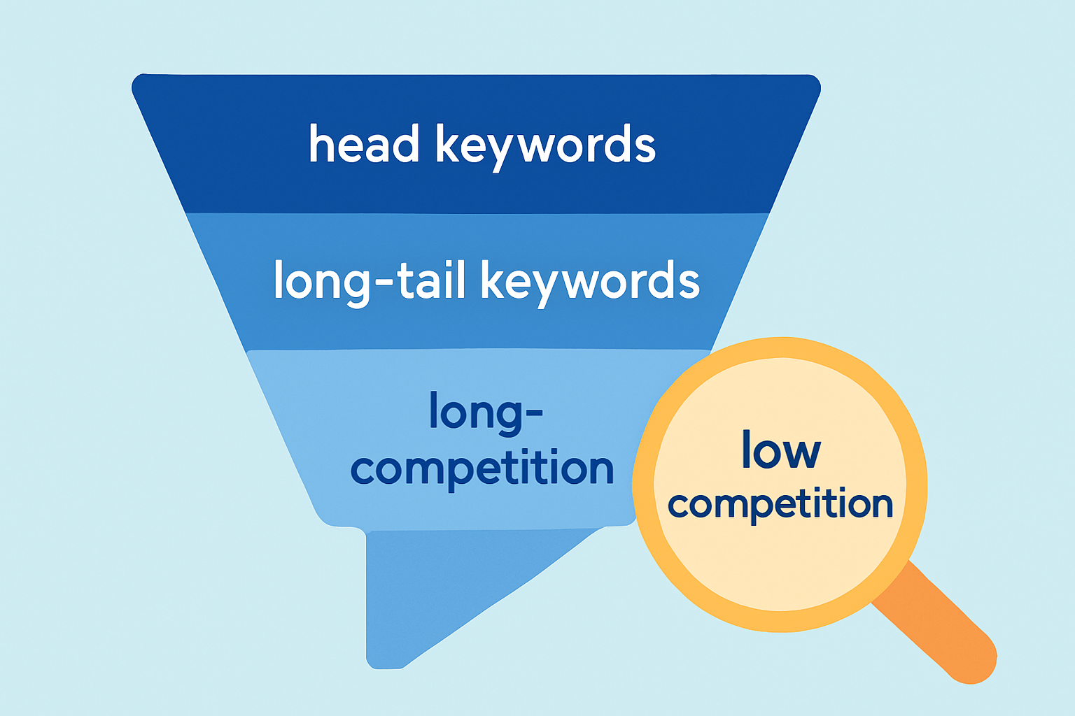 Diagram illustrating the relationship between broad keywords and more specific long-tail keywords with lower competition.
