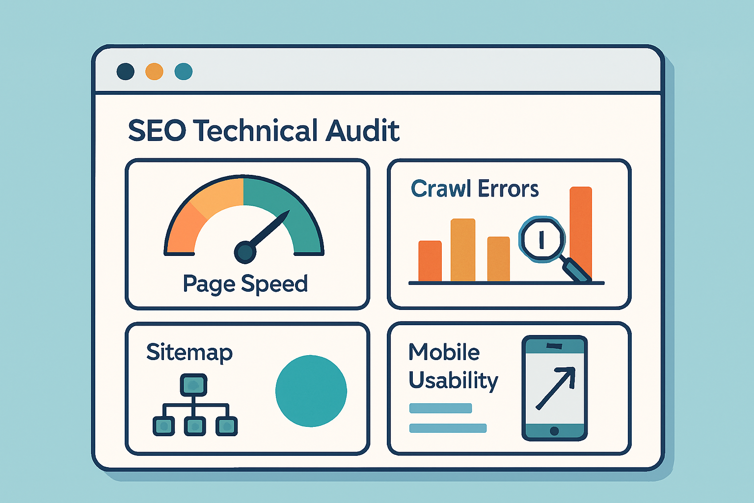 Comprehensive SEO technical audit dashboard visualizing critical site health metrics