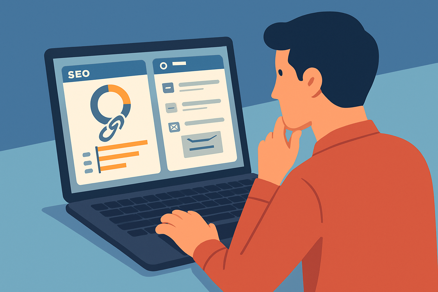 Marketer reviewing link building campaign analytics and planning promotion strategies for SEO.