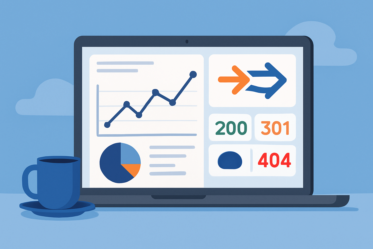 SEO dashboard visualizing 301 and 302 redirect metrics and site health.