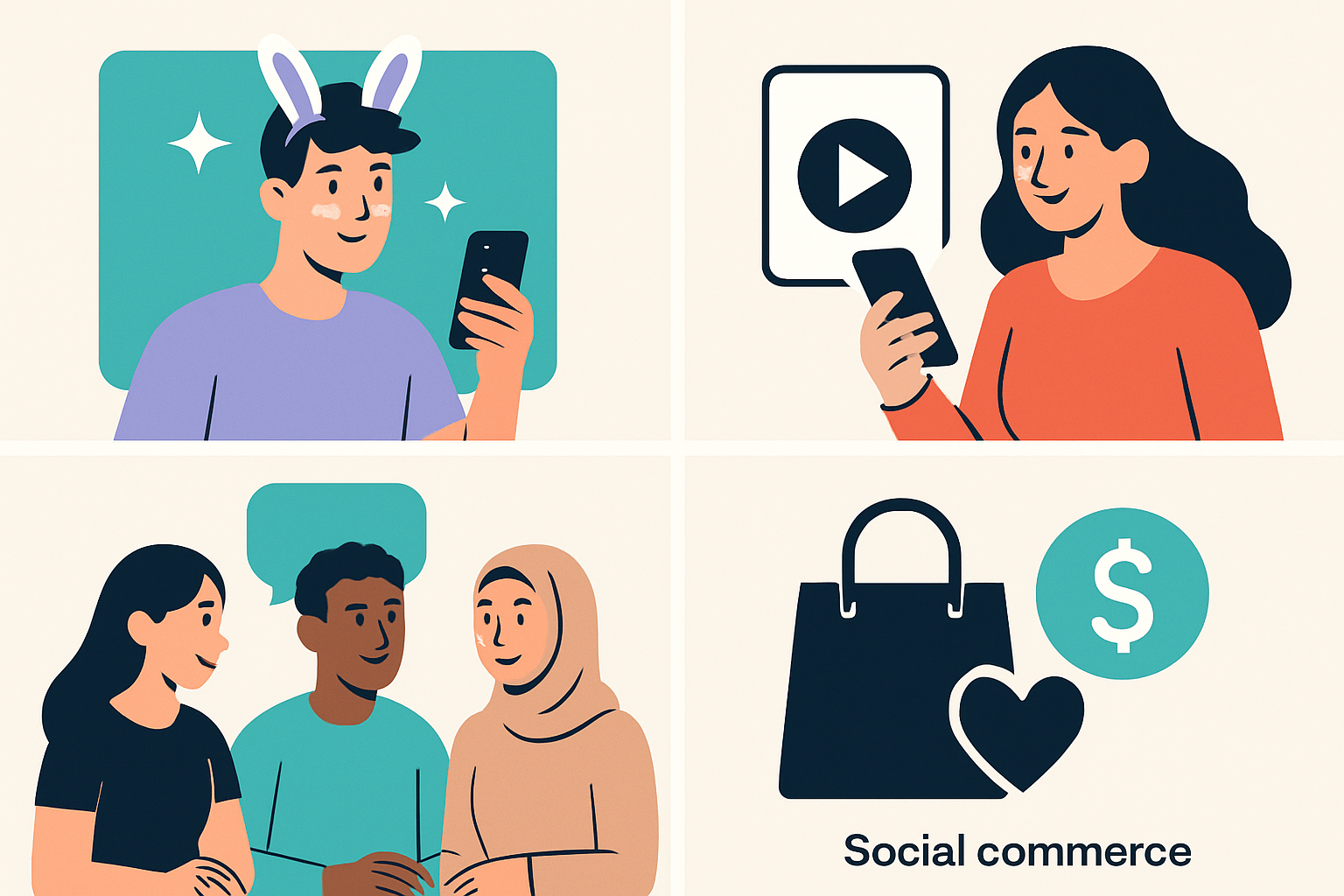 Visual representation of TikTok trends shaping content marketing in 2025, highlighting key elements like AR, short-form videos, niche communities, and social commerce.