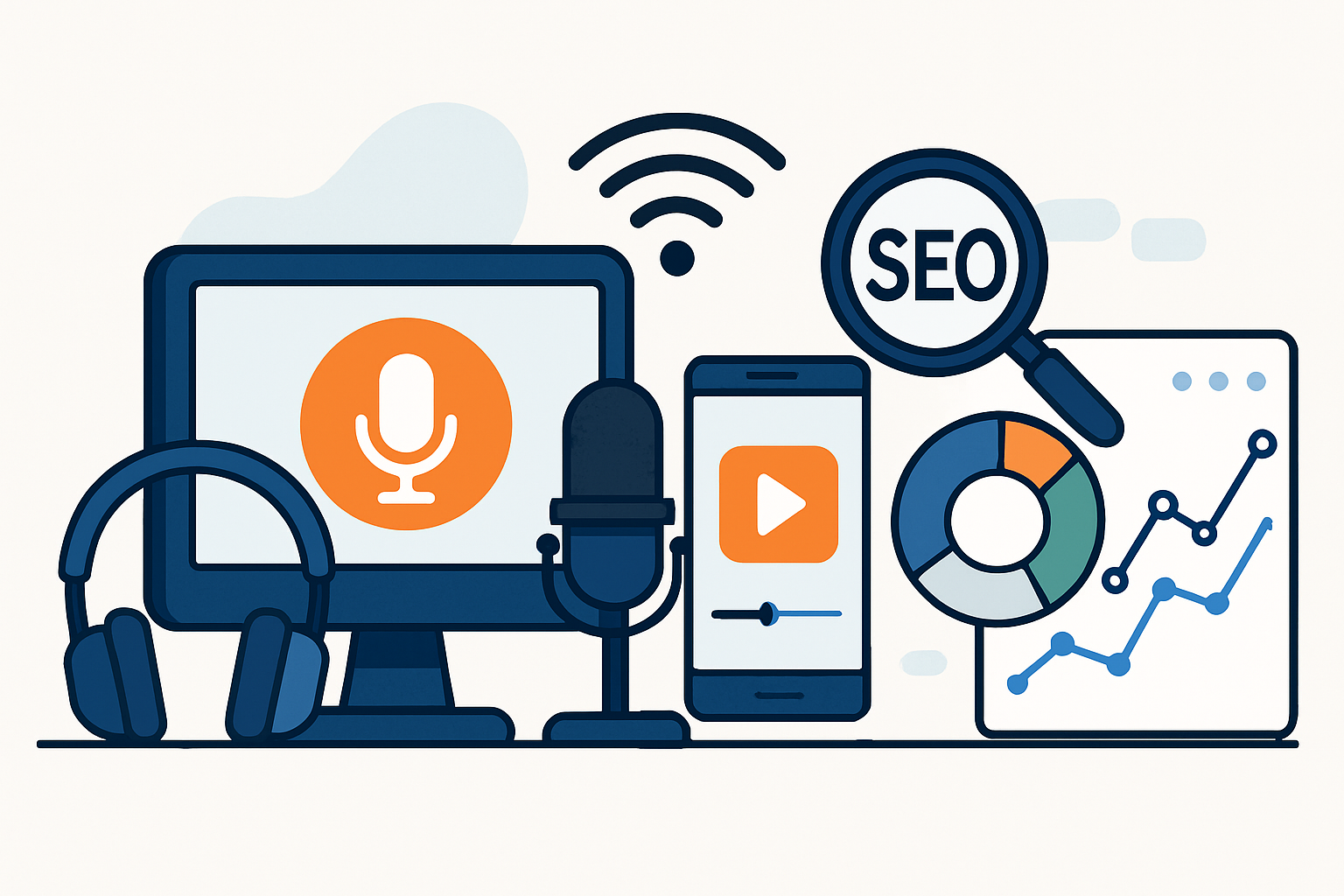 Visual representation of podcast production, hosting, and distribution optimized for SEO performance