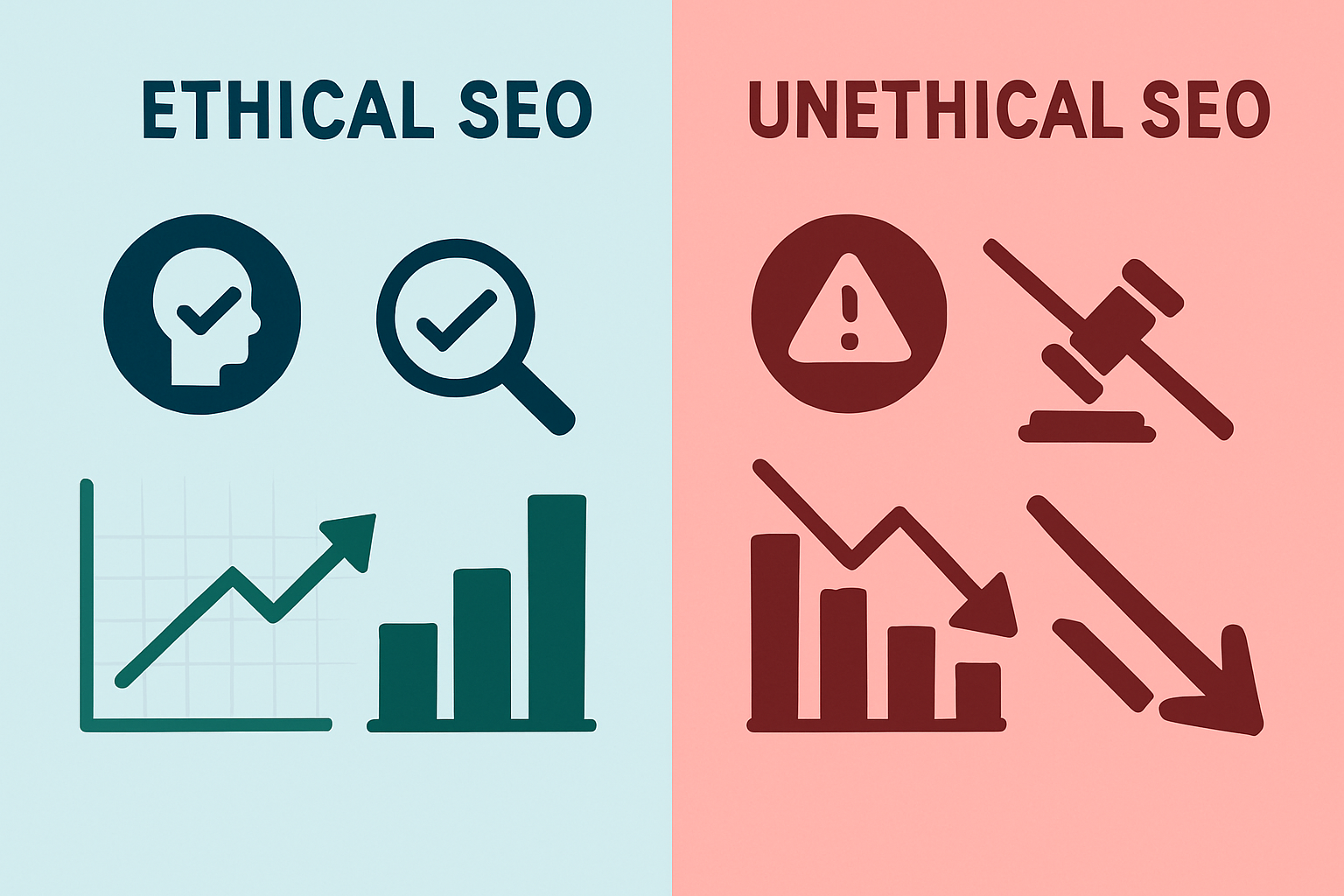 Infographic comparing ethical SEO practices against unethical tactics highlighting long-term benefits versus risks.