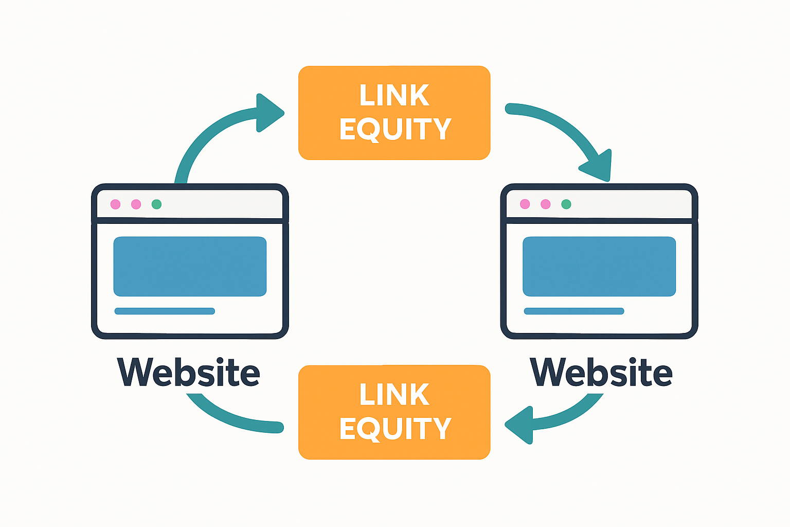 Diagram illustrating the reciprocal linking process between two websites and how it affects link equity flow