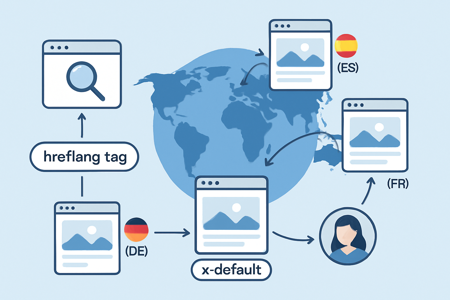 Visual diagram showing how hreflang and x-default direct users and search engines to the correct language version of a website