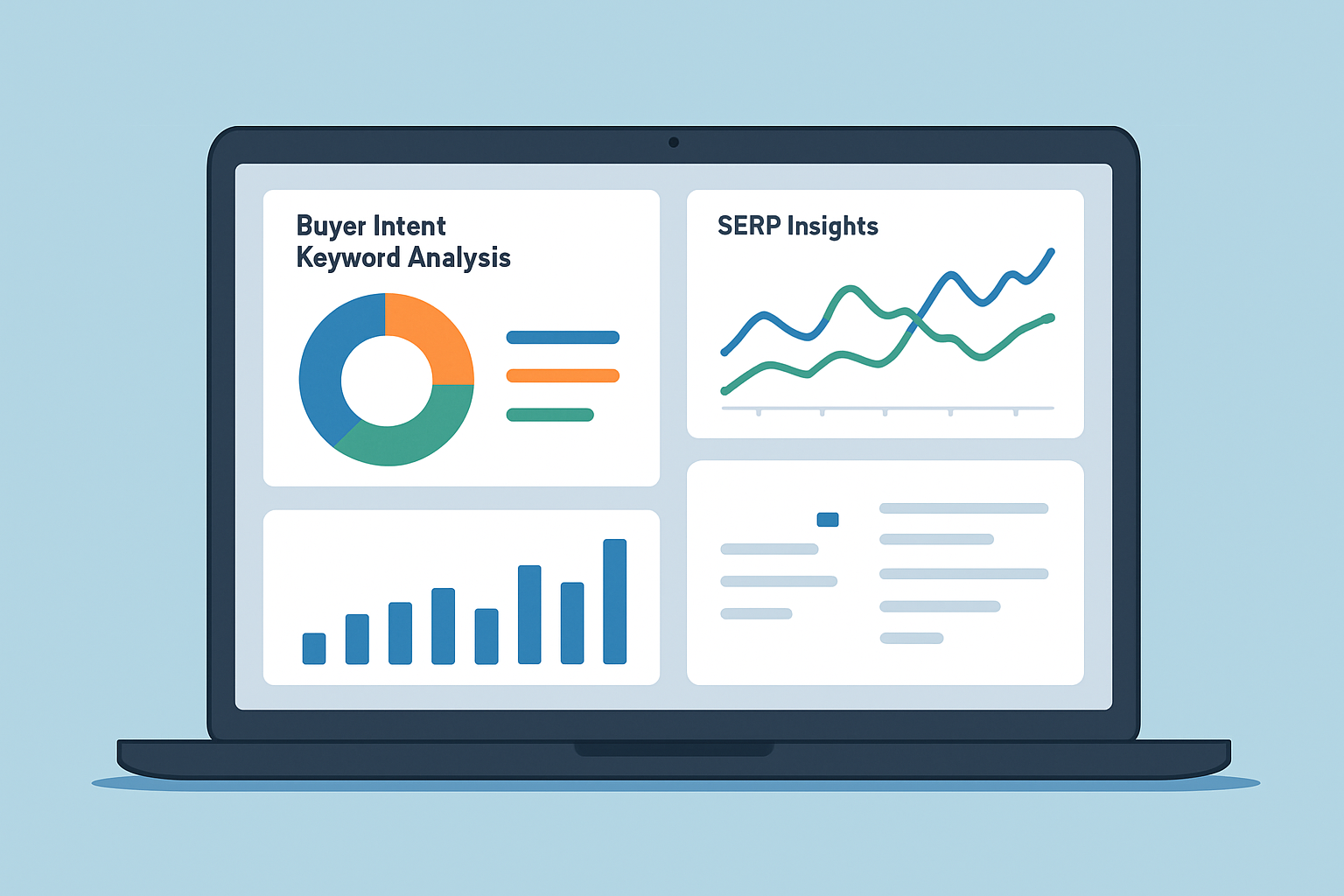 Dashboard illustrating buyer intent keyword analysis alongside search engine results page features