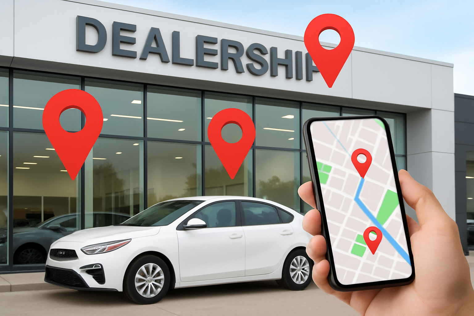 A visual representation of local SEO impact showing mobile map searches directing customers to a nearby dealership.