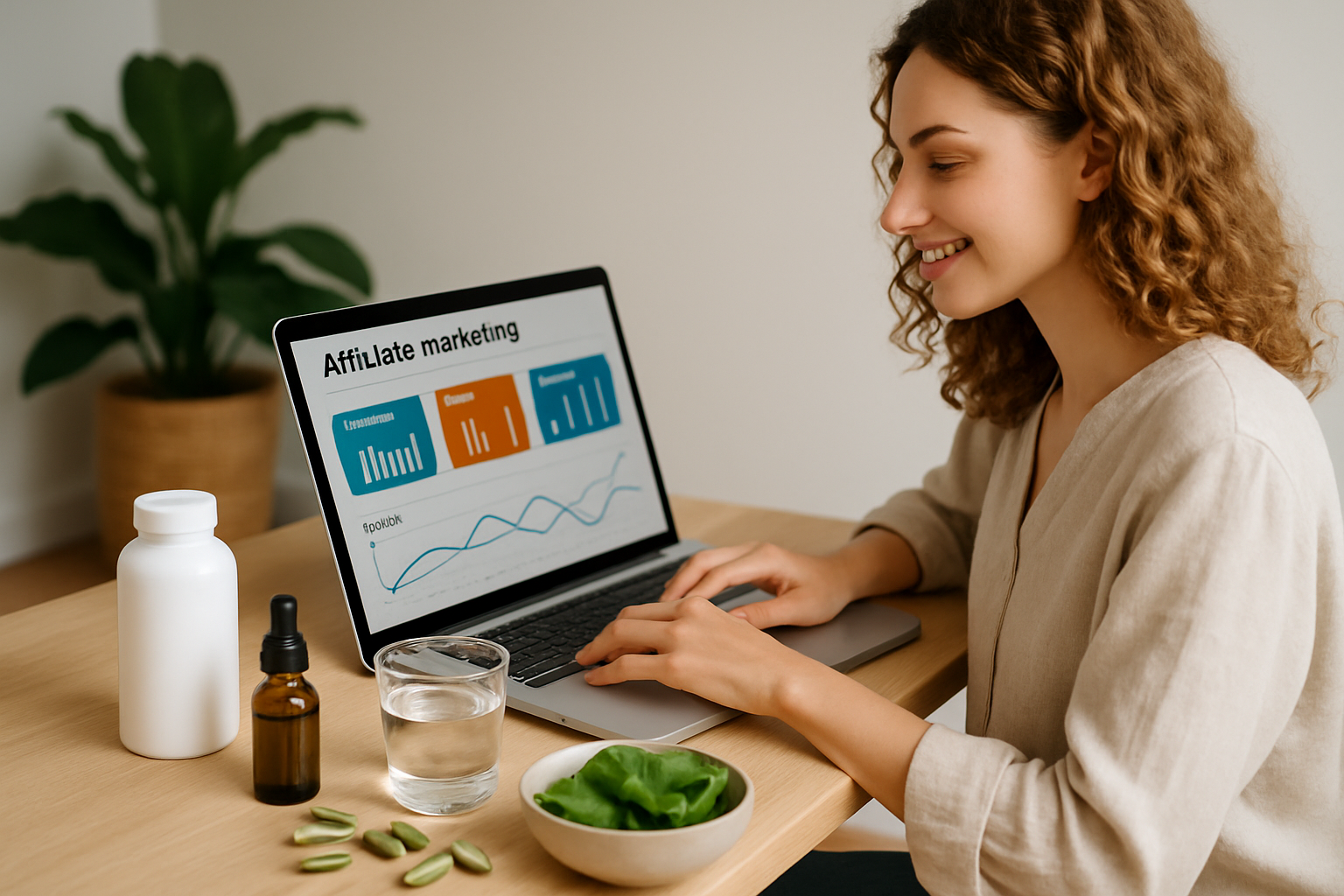 A wellness blogger managing affiliate marketing campaigns with health and wellness products and digital analytics visible.