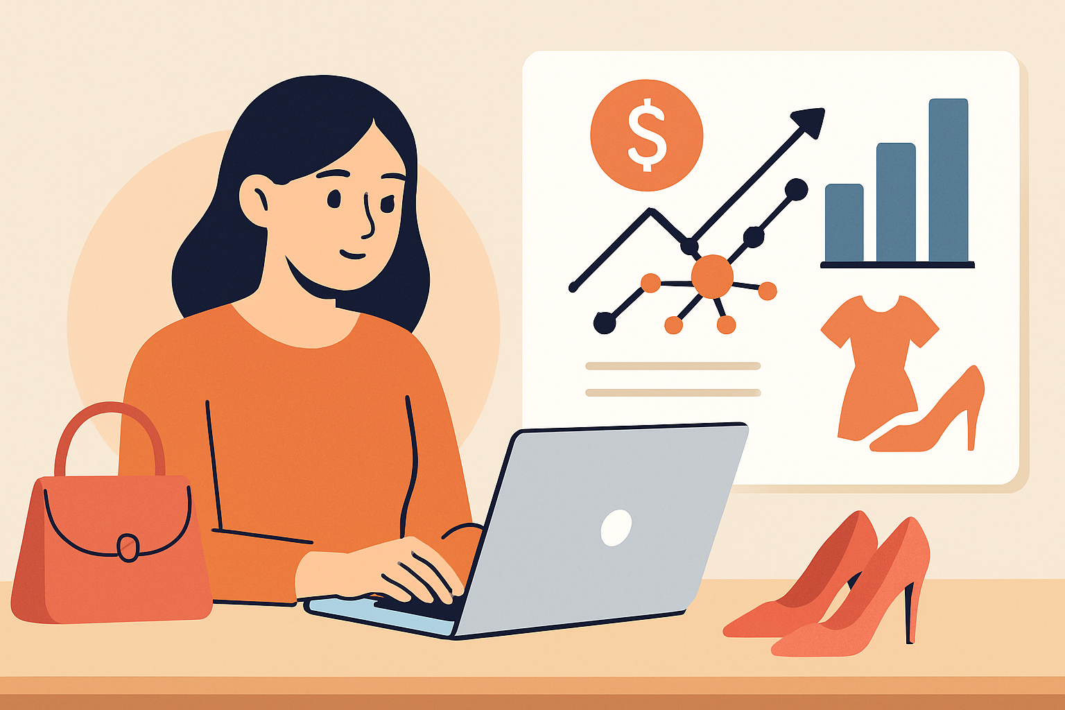 Fashion blogger analyzing affiliate marketing performance while surrounded by fashion merchandise