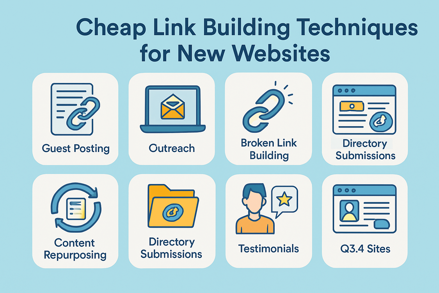 Visual infographic summarizing the eight cheap link building techniques for quick reference and easy understanding