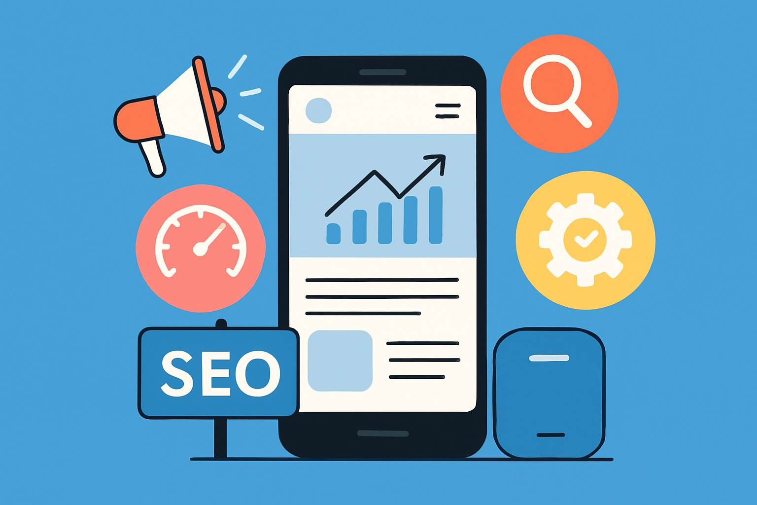 Illustration visualizing mobile SEO optimization with key metrics and design elements on a smartphone screen