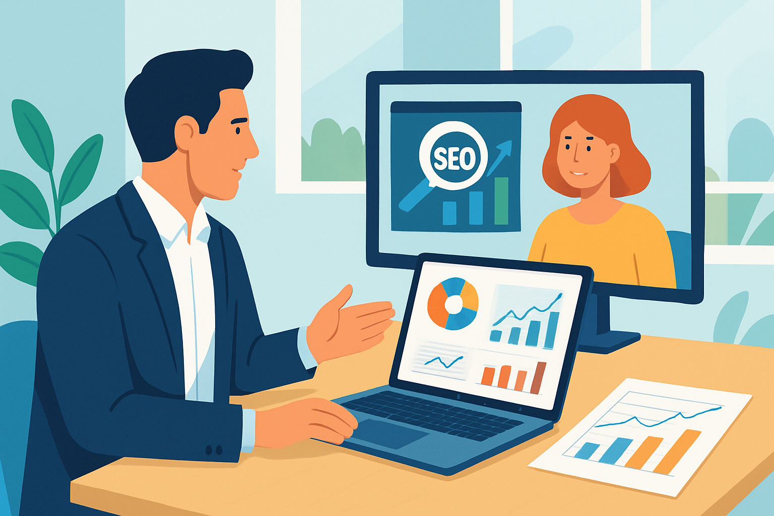 SEO consultant working interactively with a client on link building strategies