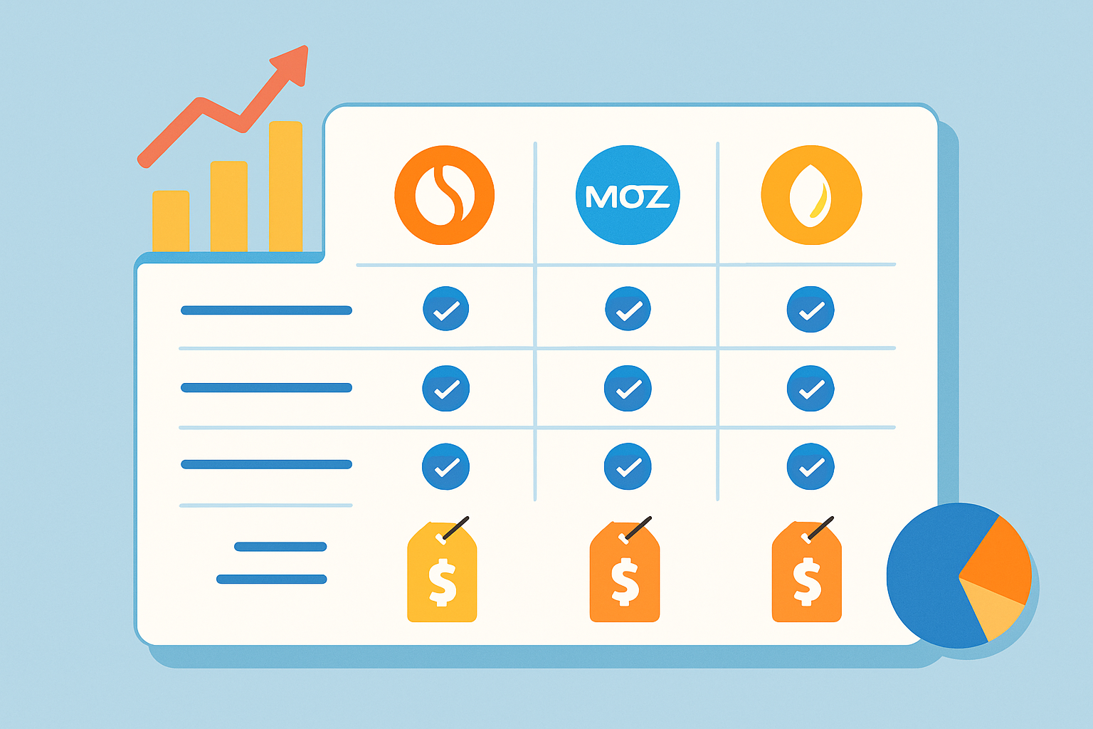 Comparison chart illustrating key features and pricing differences between SimilarWeb, Moz, and Mangools