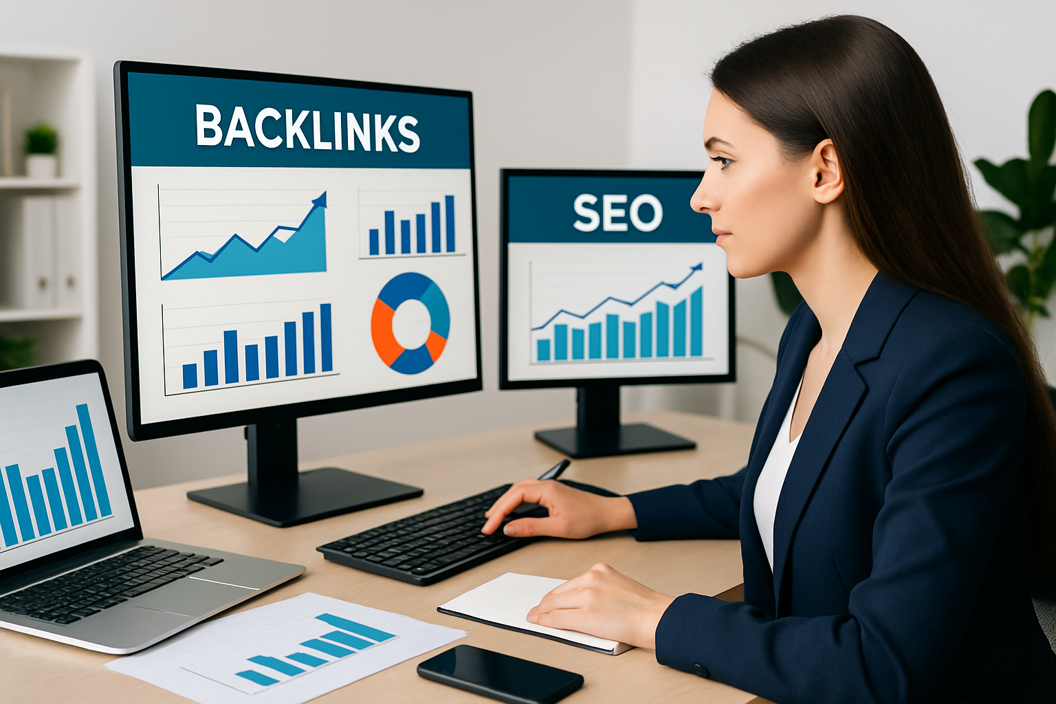 Marketer strategically analyzing backlink profiles and outreach performance on multiple screens