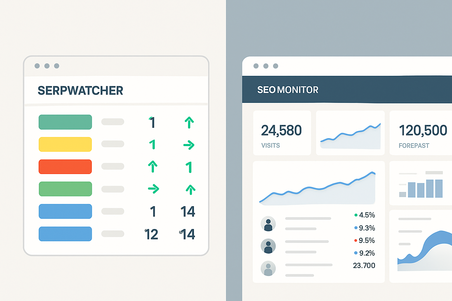 Comparison between SERPWatcher’s simple rank tracking dashboard and SEOMonitor’s advanced SEO analytics interface