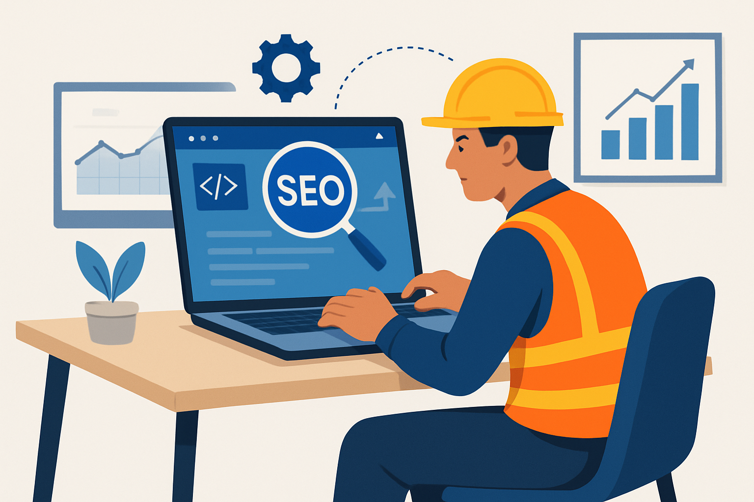 Illustration of a builder optimizing their website’s on-page SEO elements to improve search rankings.