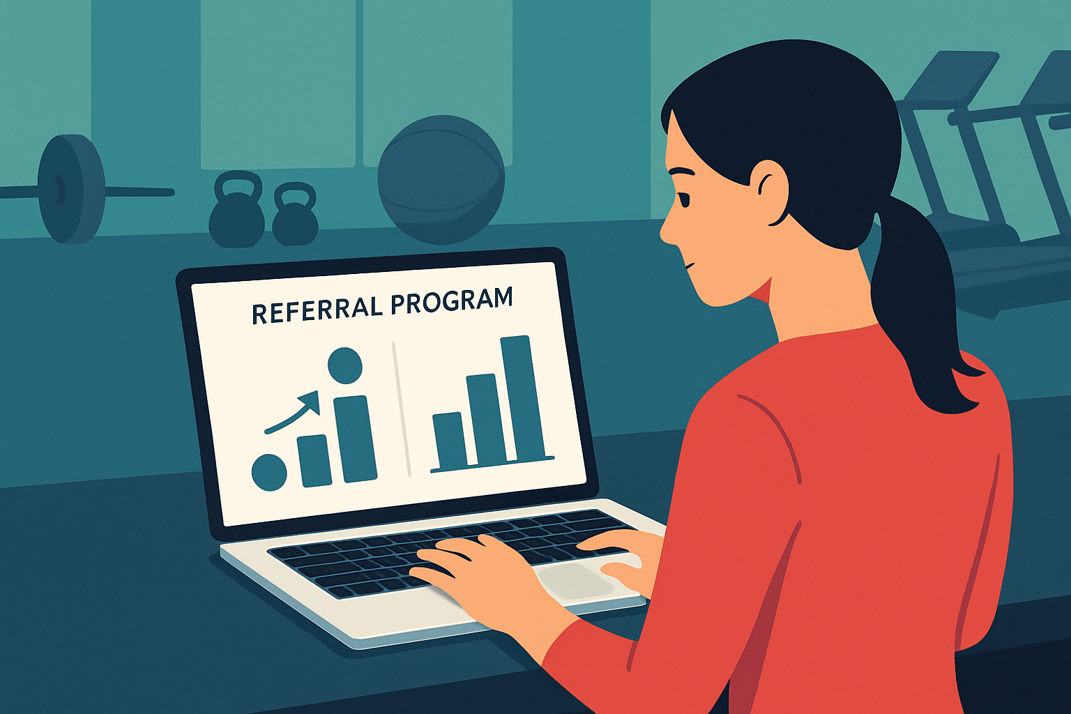 Fitness business owner reviewing key metrics from a referral program on a dashboard
