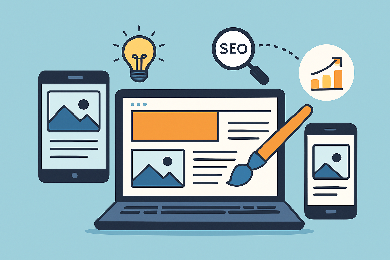An illustration showing the process of formatting and designing content with attention to SEO and multi-device responsiveness