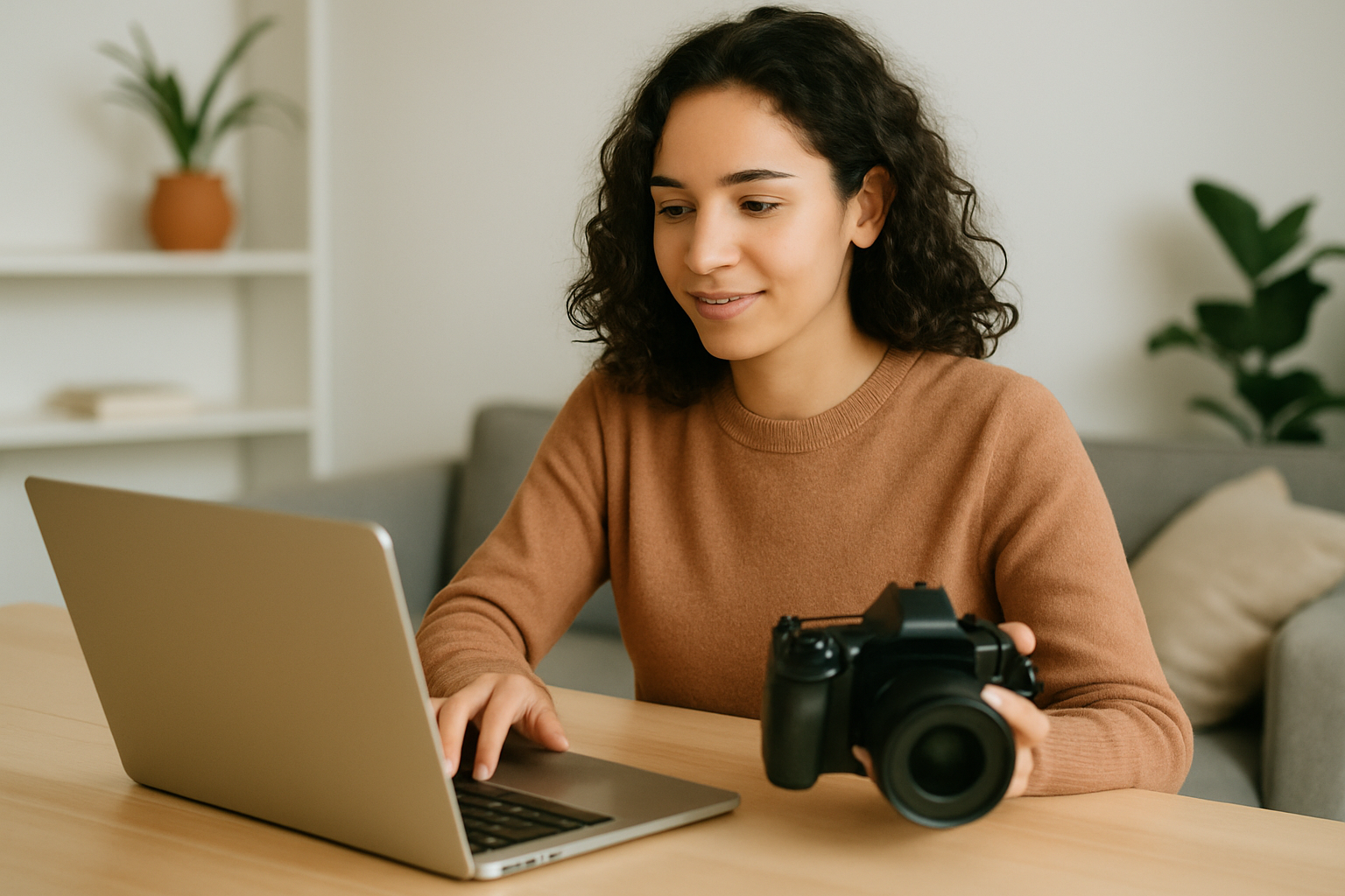 A small business owner crafting content marketing materials in a warm, inviting home office setup